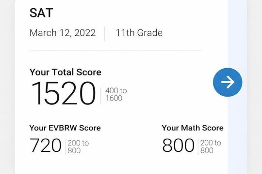 Student SAT score report — 1520, perfect 800 Math