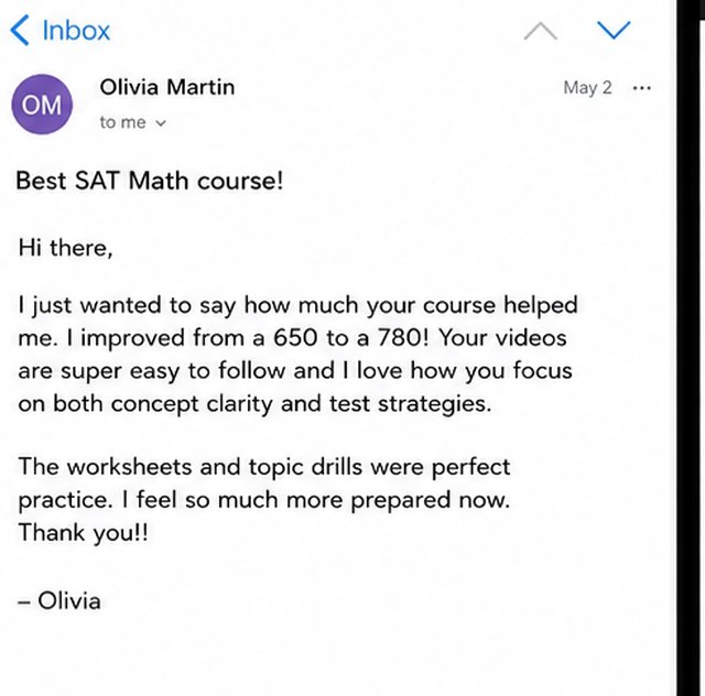 Student email — improved from 650 to 780 in SAT Math