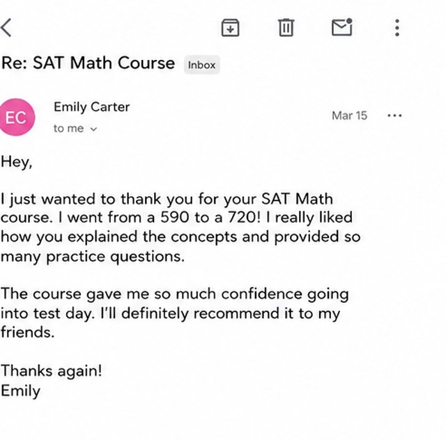 Student email — improved from 590 to 720 in SAT Math